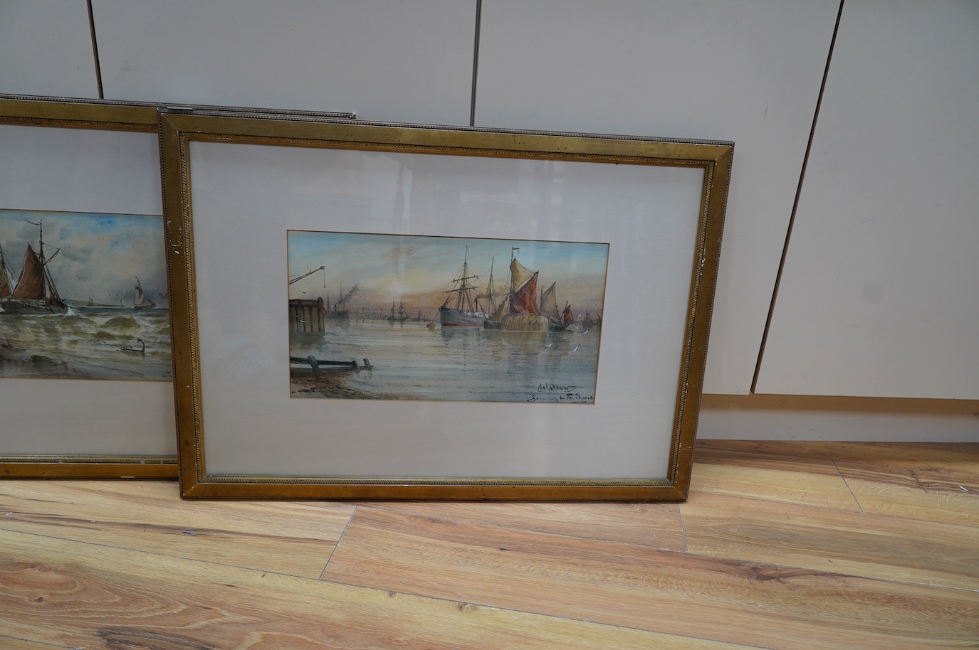 John Callow O.W.S. (1822-1878), pair of framed watercolours, ‘Morning on the Thames’ and ‘Dutch Coast’, 24 x 46cm. Condition - fair to good